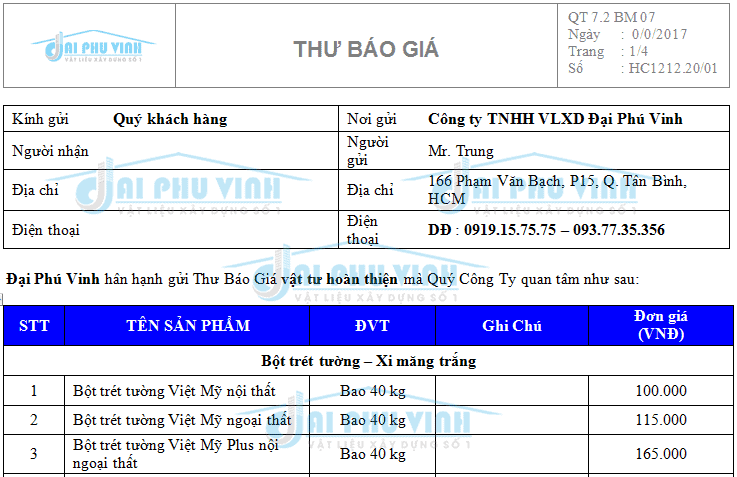 Bảng báo giá bột trét tường Việt Mỹ nội ngoại thất. Lh 0919157575