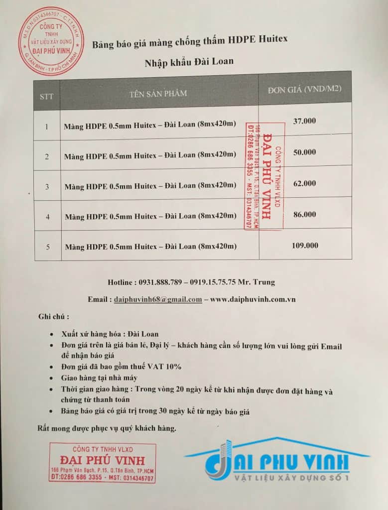 Bảng báo giá màng chống thấm HDPE nhập khẩu Đài Loan HuitexBảng báo giá màng chống thấm HDPE nhập khẩu Đài Loan Huitex